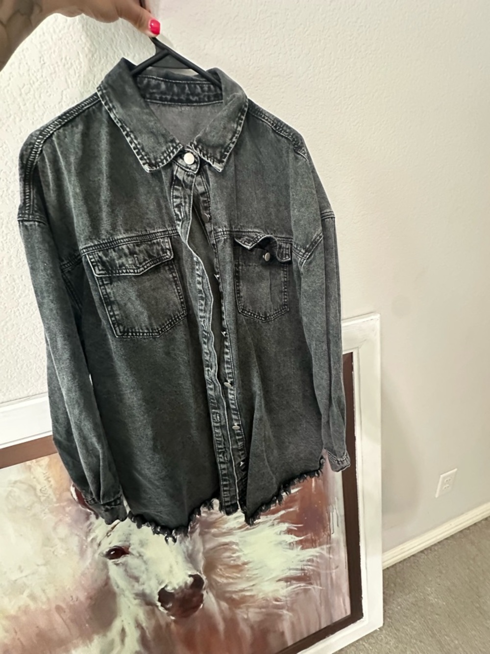 Washed Black Denim Shacket with Raw Hem